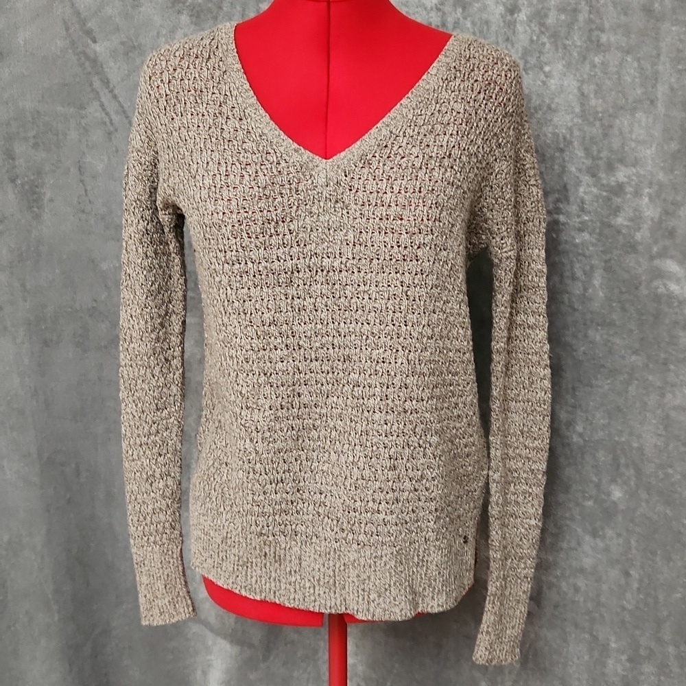 American Eagle XS Marled Knit V-Neck Sweater Beige Long Sleeve Cozy
